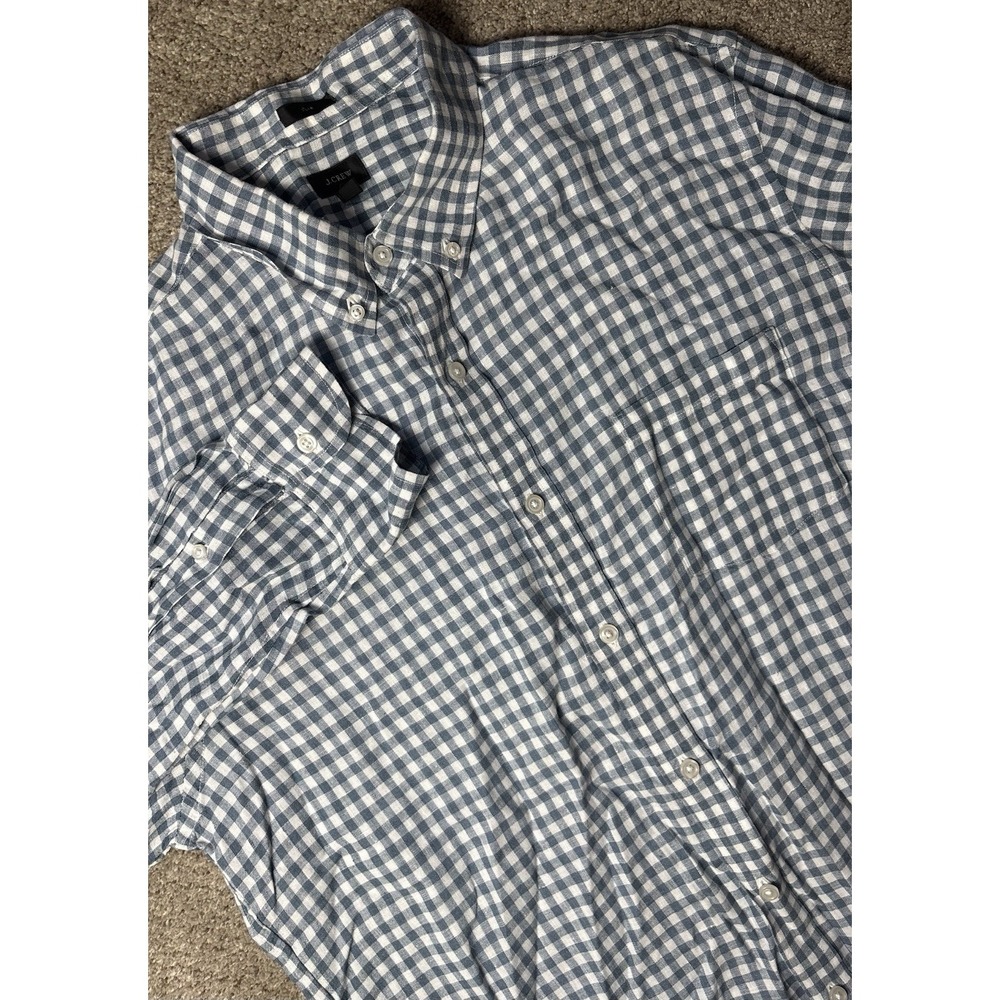 J.Crew Irish Linen Gingham Check Button Down XL Slim Blue White Baird McNutt